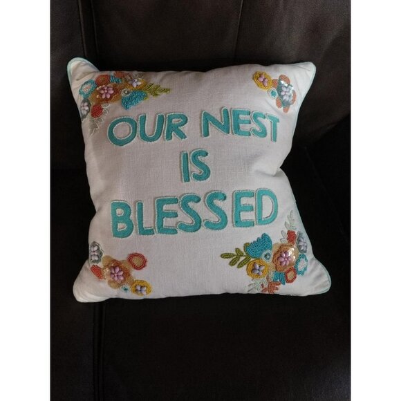 Bunny Tales Decorative Pillow With Embroidered/Beaded Message "Our Nest Is Bless - Picture 3 of 7